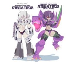 2girls abs breast_armor emmarrgus medium_breasts megatron megatron_(beast_wars) muscles muscular_female muscular_legs panties short_hair six_pack spikes tank thick_thighs tyrannosaurus_rex