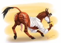 2024 animal_genitalia animal_penis anthro anus balls blue_eyes brown_anus brown_balls brown_body clothed clothed_feral clothing coat container cup dated equine_anus equine_genitalia equine_penis erection eyewear eyewear_on_head feral genitals giraffid goggles goggles_on_head hi_res holding_container holding_cup holding_mug holding_object looking_at_viewer male mammal mid_transformation mug narrowed_eyes okapi orange_body penis perineum pink_penis rufciu side_view signature simple_background solo striped_legs tail tail_tuft topwear tuft white_clothing white_coat white_topwear