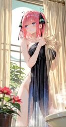 1girls ai_generated big_breasts breasts busty butterfly_hair_ornament cleavage completely_nude covering covering_self curtains curvy female female_only flower flower_pot go-toubun_no_hanayome hair_ribbon holding_clothing nakano_nino nude pink_hair ribbon shion_yamabuki short_hair solo wide_hips