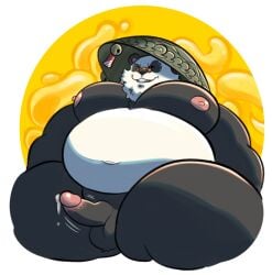 anommyself anthro asian_conical_hat balls bear belly bodily_fluids clothing duo erection genital_fluids genitals giant_panda grin hat hat_only headgear headgear_only headwear headwear_only hi_res male male/male mammal mihoyo mostly_nude navel nipples nude overweight pan_yin_hu penis precum smile smirk solo zenless_zone_zero