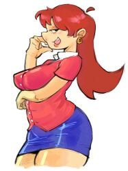 ahoge blue_skirt looking_at_viewer milf red_hair seductive seductive_body skirt skirt_lift skuunk02