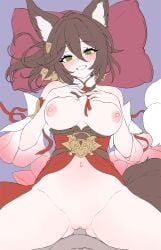 1boy absurdres bed blush bottomless breasts breasts_apart brown_hair brown_tail commentary_request daram_(shappydude) female fox_girl fox_tail from_above green_eyes hair_between_eyes hair_ornament hands_on_own_chest highres honkai:_star_rail honkai_(series) korean_commentary large_breasts long_hair looking_at_viewer lying male missionary navel nipples on_back on_bed parted_lips pillow pov sex smile spread_legs stomach tail thighs tingyun_(harmony)_(honkai:_star_rail) tingyun_(honkai:_star_rail) uncensored