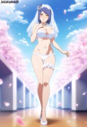 1girls ai_generated bangs big_breasts blue_hair blush bra breasts breasts_out_of_clothes bride cleavage cowboy_shot curvaceous curvy curvy_body curvy_female curvy_figure double_bun drehoshimasta earrings embarrassed female female_only flower flower_in_hair heels high_heels highres hourglass_figure konan light-skinned_female light_skin makeup midriff naruto naruto_(series) naruto_shippuden oppai orange_eyes panties piercing skimpy solo solo_focus swept_bangs underwear walking walking_towards_viewer watermark wedding wedding_lingerie wedding_veil wide_hips