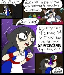 action_lines alice_(disney) alice_in_wonderland alice_madness_returns angry animal_ears animal_humanoid ass ass background black_hair body_markings bone_tail boots breasts buckteeth cat_ears cat_humanoid cat_pose cheshire cheshire_cat claws cleavage clothes clothing color colored comic comic_page comic_strip cosplay detailed_background dress drinking drinking_potion earring earrings eyebrows eyelashes eyeshadow fangs female front_view fur glug hair heterochromia indoors laying_down laying_on_bed light-skinned_male light_skin long_eyelashes long_hair looking_at_another male motion_lines multi_eye multicolored_body multicolored_fur multicolored_hair multiple_positions multiple_views narrowed_eyes nimbat no_clothes onomatopoeia onyx_twilight onyx_twilight_(onyx_twilight) original_character original_characters pissed_off potion potion_bottle potions raised_eyebrows self_insert side_view sihn_twilight_(onyx_twilight) sitting slit_pupils smile smiling tail tail_ring talking_to_viewer teeth teeth_showing text text_bubble thighs video_games yelling