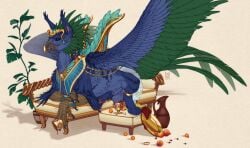 animal_genitalia avian balls beak blue_balls blue_body blue_feathers blue_sheath blue_wings dirty feathered_wings feathers feral food fully_sheathed furniture genitals green_wings grey_beak gryphon hi_res looking_at_viewer lying male mouth_closed mythological_avian mythological_creature mythology narrowed_eyes on_front on_sofa orange_eyes riorix sheath simple_background sofa solo wings
