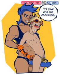 1boy 1girls 2024 blonde_hair blue_hair blush cherishedlemon dildo english female_domination grin gritted_teeth imminent_anal_penetration imminent_penetration junker_queen junkrat malesub muscular muscular_female nipples orange_eyes overwatch overwatch_2 robotic_arm sharp_teeth spiked_collar strap-on tanned_skin thin_male thong toned toned_female