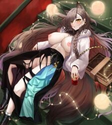 absurdres animal_ear_fluff animal_ears arknights black_nails black_skirt blush book braid breasts brown_hair cup earrings extra_ears female highres holding holding_cup jacket jewelry large_breasts long_hair long_sleeves looking_at_viewer lying nipples no_bra no_panties official_alternate_costume open_clothes open_jacket parted_lips penance_(arknights) penance_(occasionally_flushed)_(arknights) pussy skirt solo torn_clothes torn_skirt vailtred white_jacket wolf_ears yellow_eyes