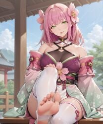 ai_generated bare_shoulders big_breasts cleavage depth_of_field eogard_orc flower_in_hair foot_fetish foot_focus foot_sole green_eyes hand_on_knee japanese_clothes looking_at_viewer mole_under_eye mountain pink_hair presenting_feet rune_factory scenery seductive self_upload sitting sitting_on_bench smile stable_diffusion toeless_legwear toes ulalaka white_thighhighs