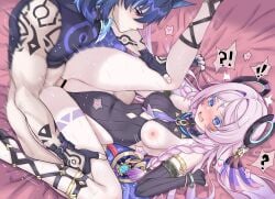 ! !? 1boy ? absurdres animal_ears armlet asymmetrical_gloves bar_censor black_gloves black_leotard black_shirt blue_eyes blue_nails blush body_markings bottomless braid breasts censored citlali_(genshin_impact) clothed_sex clothing_aside commentary cutout_above_navel daram_(shappydude) drooling elbow_gloves facial_mark female fingerless_gloves floating_headgear folded forehead_mark from_above genshin_impact gladiator_sandals gloves hair_intakes headgear heart highres jewelry large_variant_set leotard leotard_aside long_hair looking_at_another looking_down low_twin_braids lying male medium_breasts missionary motion_blur motion_lines nail_polish necktie nipples on_back on_bed one_breast_out open_mouth ororon_(genshin_impact) parted_lips penis pink_hair pink_pupils purple_eyes purple_hair purple_necktie saliva sandals sex sheet_grab shirt single_elbow_glove straight surprised sweat toned toned_male trembling triangle triangle_facial_mark twin_braids uneven_gloves vaginal_penetration variant_set vision_(genshin_impact)