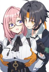 1boy 1girls ai_generated asaba_harumasa big_breasts black_hair blush breasts business_suit choker ear_piercing earpiece female from_behind fully_clothed glasses gloves groping groping_breasts groping_from_behind headband hoyoverse kirihy4r4 light-skinned_male light_skin long_hair looking_at_breasts looking_at_partner male male/female open_mouth pink_hair playing_with_breasts shirt_pocket short_hair simple_background straight sweatdrop teasing tie tongue tongue_out tsukishiro_yanagi white_background yellow_eyes zenless_zone_zero