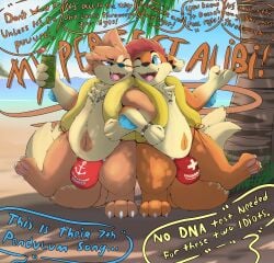 absurd_res alcohol anthro beach beverage bikini bikini_bottom bikini_thong brother_(lore) brothers_(lore) bulge clothing colton dancing dialogue digital_media_(artwork) duo dyed_fur english_text floatzel fur generation_4_pokemon genitals hi_res highlights_(coloring) jodi_(katauni) katauni locked_arms male male/male mammal nintendo open_mouth outside plant pokemon pokemon_(species) sand seaside sibling_(lore) singing sky smile speech_bubble story story_in_description swimwear tail text thick_thighs tongue tree two-piece_swimsuit water