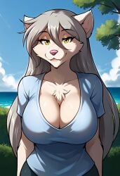 1girls ai_generated anthro arms_behind_back backdoortenya big_breasts blue_shirt blue_sky breasts busty chest_tuft clouds deviantart ears ears_up female furry grey_hair keidran long_hair looking_at_viewer outdoors outside pink_nose raine_silverlock silver_hair smile smiling_at_viewer sunlight tom_fischbach trees twokinds white_body white_fur wolf wolf_girl yellow_eyes