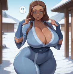 ai_generated athletic_female avatar_legends avatar_the_last_airbender bare_thighs blue_eyes brown_hair dark-skinned_female dark_skin gigantic_breasts huge_breasts huge_thighs katara long_hair looking_at_viewer massive_breasts smogai solo_female squatting sweat sweatdrop thick_body thick_female thick_thighs thighs thighs_bigger_than_head twintails voluptuous voluptuous_female
