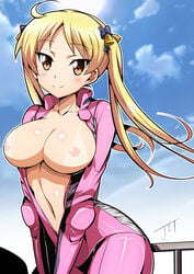 bakuon!! bell biker_clothes bikesuit blonde_hair blush bow breasts brown_eyes female hair_bell hair_ornament hairbow jet_yowatari large_breasts long_hair looking_at_viewer navel nipples signature smile solo suzunoki_rin tan tanline tied_hair twintails