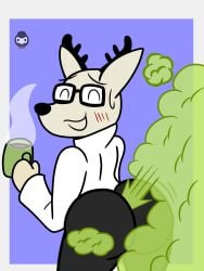 2022 anthro antlers ass blush clothed clothing coffee coffee_mug daihatsu deer fart fart_cloud fart_fetish farting furry glasses gooeysin kakukaku_shikajika kakukaku_shikajika_(daihatsu_motors) looking_at_viewer male tagme