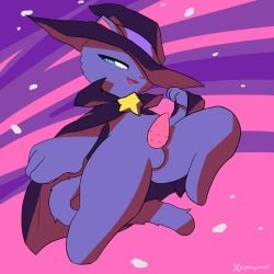 aniimo_(game) anthro balls blue_eyes cape clothed clothing digital_media_(artwork) domestic_cat felid feline felis fur genitals godforgiveme4 grey_body grey_fur hi_res looking_at_viewer male mammal nude penis smug solo stellarys_(aniimo) watermark