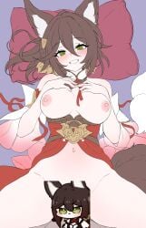 1boy absurdres bed blush bottomless breasts breasts_apart brown_hair brown_tail censored commentary daram_(shappydude) female fox_girl fox_tail from_above green_eyes hair_between_eyes hair_ornament hands_on_own_chest highres honkai:_star_rail honkai_(series) large_breasts long_hair looking_at_viewer lying male missionary navel nipples novelty_censor on_back on_bed parted_lips pillow pov sex smile spread_legs stomach tail thighs tingyun_(harmony)_(honkai:_star_rail) tingyun_(honkai:_star_rail)