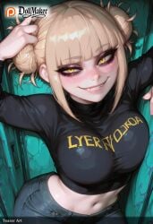 ai_generated bangs blonde_hair blunt_bangs blush breasts dollmaker dollmaker_(artist) double_bun eyebrows_visible_through_hair female jeans long_sleeves looking_at_viewer lying messy_hair navel pants patreon_username smile solo tagme toga_himiko watermark web_address yellow_eyes