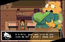1boy 1girls alphys breast_grab breast_squeeze breasts buckteeth clothing deltarune from_behind glasses gosgoz grabbing grabbing_breasts grabbing_from_behind groping_breasts groping_from_behind huge_breasts kris_(deltarune) looking_back pixel_art surprised sweatdrop tail teacher teacher_and_student text_box third-party_edit yellow_skin