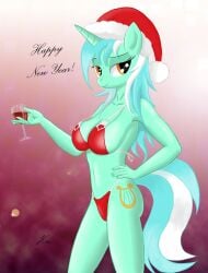 2013 alcohol amber_eyes anthro anthrofied bedroom_eyes beverage biped bra breasts christmas christmas_clothing christmas_headwear cleavage clothed clothing container cup cutie_mark drinking_glass english_text equid equine eyebrows eyelashes female friendship_is_magic glass glass_container glass_cup green_hair half-closed_eyes hand_on_hip hasbro hat headgear headwear hi_res holding_glass holding_object holidays horn kasaler looking_at_viewer lyra_heartstrings_(mlp) mammal multicolored_hair my_little_pony mythological_creature mythological_equine mythology narrowed_eyes navel panties pom_hat santa_hat seductive smile solo standing text two_tone_hair underwear unicorn white_hair wine wine_glass