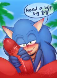 bedroom_eyes blue_fur blush duckyeah duo erection furry green_eyes half-closed_eyes handjob hedgehog huge_cock knuckles_the_echidna male male_only mammal outside penis precum seductive sonic_(series) sonic_the_hedgehog sonknux yaoi