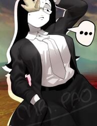 1girls big_breasts black_hair breasts business_suit business_woman coral coral_glasses ena_(series) ena_dream_bbq female female_only glasses jeans joel_g long_hair mrpao solo solo_female sweat sweatdrop sweating thick_thighs thighs tie watermark
