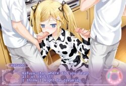 2boys ai_generated assertive_female blush coffee cow-print double_handjob fellatio female orifushi_mafuyu pajamas