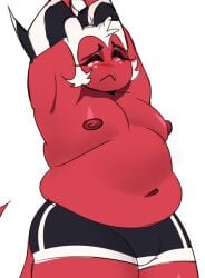 armpits artiah669 chubby demon fat fat_male helluva_boss imp moobs moxxie_(helluva_boss) overweight overweight_male red_skin shirtless stretching vivziepop white_hair