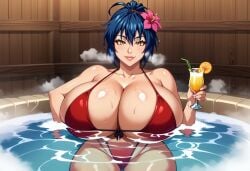 ai_generated breasts dark_blue_hair female flower_in_hair gigantic_breasts holding_cocktail hot_tub huge_breasts kunoichi looking_at_viewer manyuu_chifusa manyuu_hikenchou massive_breasts milf ponytail posing red_bikini relaxing samurai self_upload stable_diffusion sweat unclego voluptuous wink yellow_eyes