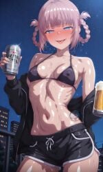 ai_generated bangs beer beer_can blue_eyes blush braided_hair call_of_the_night covered_nipples drunk drunk_female hair_rings half-closed_eyes hoodie illyfurina looking_at_viewer micro_bikini nanakusa_nazuna navel oiled_skin open_mouth pixai purple_hair red_face seducing seduction seductive seductive_body seductive_eyes seductive_gaze seductive_look seductive_mouth seductive_pose seductive_smile shiny_skin shorts small_breasts smile smiling smiling_at_viewer sport_shorts stable_diffusion teeth_visible tongue tongue_out
