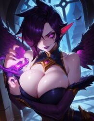 ai_generated angel balecxi big_breasts charm cleavage feathered_wings female heart heart_symbol huge_breasts league_of_legends looking_at_viewer magic morgana seductive smug tagme wings