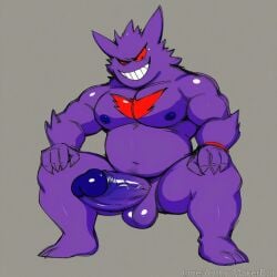 ai_generated chest_tattoo evil_grin feet gengar huge_cock legs_apart looking_down pokemon pokemon_(species) presenting sitting squatting waiting_for_sex