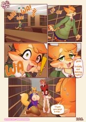 1boy 2girls absurd_res after_oral after_orgasm bandai_namco blue_eyes canid canine canis caught_in_the_act colored comic dialogue digi_(yourdigimongirl) digimon digimon_(species) digital_media_(artwork) domestic_dog duo_in_panel english_text erection eyewear female fur genitals glasses julie_(yourdigimongirl) kobold leo_(yourdigimongirl) library male mammal mane public public_exposure public_sex renamon scalie sex text url yellow_body yellow_fur yourdigimongirl