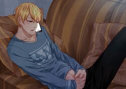 1boy blush couch kise_ryouta kuroko_no_basuke male male_only masturbation phone pillow solo sweat tagme underwear undressing yaoi