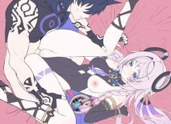 1boy animal_ears armlet asymmetrical_gloves black_gloves black_leotard black_shirt blue_eyes blush body_markings bottomless braid breasts censored citlali_(genshin_impact) closed_mouth clothed_sex clothing_aside commentary cutout_above_navel daram_(shappydude) elbow_gloves facial_mark female fingerless_gloves flat_color floating_headgear folded forehead_mark from_above genshin_impact gladiator_sandals gloves hair_intakes headgear highres jewelry leotard leotard_aside long_hair low_twin_braids lying male medium_breasts missionary mosaic_censoring necktie nipples on_back on_bed one_breast_out ororon_(genshin_impact) penis pink_hair pink_pupils purple_hair purple_necktie sandals sex sheet_grab shirt single_elbow_glove straight toned toned_male triangle triangle_facial_mark twin_braids uneven_gloves unfinished vaginal_penetration vision_(genshin_impact)