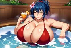 ai_generated breasts dark_blue_hair female flower_in_hair gigantic_breasts holding_cocktail hot_tub huge_breasts kunoichi looking_at_viewer manyuu_chifusa manyuu_hikenchou massive_breasts milf ponytail posing red_bikini relaxing samurai self_upload stable_diffusion sweat unclego voluptuous wink yellow_eyes