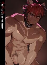 1boy abs alu379 animal_ears bara bara_tits big_pecs black_hair blood_on_face blush bruise collar dog_collar flaccid flaccid_penis gay hairy happy_trail kemonomimi komano_manato light_from_below looking_at_viewer male male_only muscular muscular_male naked nervous nipples nude pants pecs pouting pubic_hair red_hair scar scars serious sweat sweaty text two_tone_hair zenless_zone_zero
