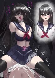1boy absurdres before_and_after blue_bra blue_sailor_collar blue_skirt blunt_bangs bra breasts choker collarbone corruption dark_persona demon_girl female femdom highres hime_cut large_breasts midriff navel original pleated_skirt pubic_tattoo rape sailor_collar school_uniform serafuku sex skirt tatsunohiroigo3 tattoo tongue tongue_out transformation underwear wings