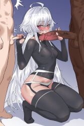 2boys absurdres ahoge black_shirt black_thighhighs blush breasts dark-skinned_male dark_skin double_handjob erection fate/grand_order fate_(series) female grin group_sex handjob highres interracial kanoji_(ni_kanojo) kneeling large_penis long_hair long_sleeves merlin_(fate/prototype) mmf_threesome multiple_boys netorare penis penis_size_difference precum purple_eyes shirt small_breasts small_penis smile straight testicles thighhighs threesome tight_clothes tight_shirt twitching_penis very_long_hair white_hair