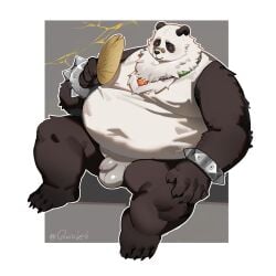 2025 absurd_res anthro balls bear belly big_belly black_body black_nose clothing flaccid genitals giant_panda hi_res kemono male mammal mihoyo overweight overweight_male owule pan_yin_hu penis shirt sitting solo topwear white_body zenless_zone_zero