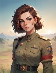 1girls ai_generated beautiful brown_hair caucasian caucasian_female curly_hair cute female female female_focus female_only fully_clothed gorgeous hot medium_breasts military military_clothing military_uniform sexy single_girl sweat sweaty