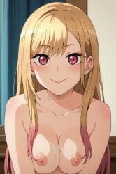 ai_generated bangs blonde_hair blush breasts collarbone cum cum_on_body earrings eyebrows_visible_through_hair female jewelry long_hair medium_breasts nipples nude smile solo upper_body