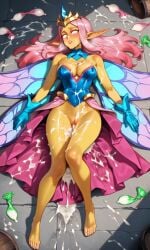 ai_generated crown death defeated empress_of_light fairy pink_hair rainbow terraria white_eyes wings yellow_body