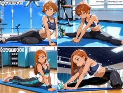 ai_generated athletic_female baised female green_eyes gym mareenah_(oc) red_hair red_hair sareenah_(oc) skinny small_breasts sports_bra stretching tomboy twins yoga_pants