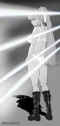 1female 1girls artist_name ass big_breasts boots boots_only breasts butt censored doki_doki_literature_club female footwear green_eyes light_censor light_rays long_hair monika_(doki_doki_literature_club) projektxi01 shadow tanline tanlines twitter_username