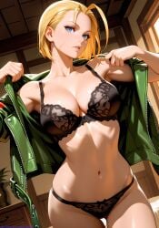 1girls ahoge ai_generated black_bra black_panties blonde_hair blue_eyes bra breasts cammy_white cleavage collarbone female forehead green_jacket hriful indoors jacket large_breasts looking_at_viewer navel open_clothes open_jacket panties parted_lips scar scar_on_face short_hair solo stomach street_fighter thigh_gap underwear undressing
