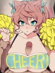 1boy 1girls big_breasts blush boobjob cheerleader_uniform hair_ornament kuro_mushi long_hair looking_at_viewer maria_cadenzavna_eve penis_between_breasts senki_zesshou_symphogear surprised sweat