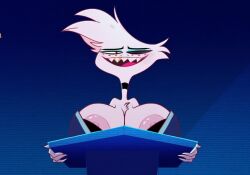 1boy angel_dust angel_dust_(hazbin_hotel) big_ass big_breasts collar demon edit femboy hazbin_hotel hazbin_hotel_(season_2) heterochromia huge_breasts male male_with_breasts man_with_breasts screencap screencap_edit sharp_teeth solo transgender transgender_woman