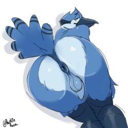 1:1 2025 anthro anus ass avian backsack balls beak bedroom_eyes big_butt bird blue_jay bubble_butt cartoon_network corvid feathers feet flaccid foreskin genitals hi_res humanoid_genitalia humanoid_penis jay_(bird) looking_at_viewer looking_back looking_back_at_viewer lying male mordecai_(regular_show) narrowed_eyes new_world_jay non-mammal_balls nude on_side oscine packinpaca passerine penis perineum presenting presenting_hindquarters rear_view regular_show seductive shadow signature simple_background smile solo talons thick_thighs toes tuft uncircumcised white_background