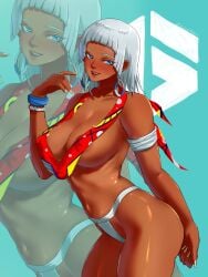 1girls absurd_res african_female areola_slip big_breasts blue_eyes blush capcom dark-skinned_female dark_skin earrings elena_(street_fighter) female female_only looking_at_viewer partially_clothed smiling smiling_at_viewer solo street_fighter street_fighter_6 thong ultrabinou white_hair